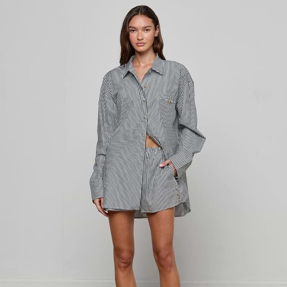 NEW L'Agence Lorena Cover-Up Shirt in Black & White Stripes
